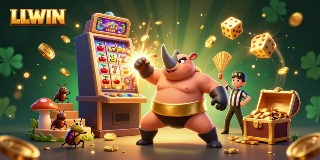 Experience thrilling gameplay with LLWIN's lively cartoon sumo beetles in a vibrant casino scene.