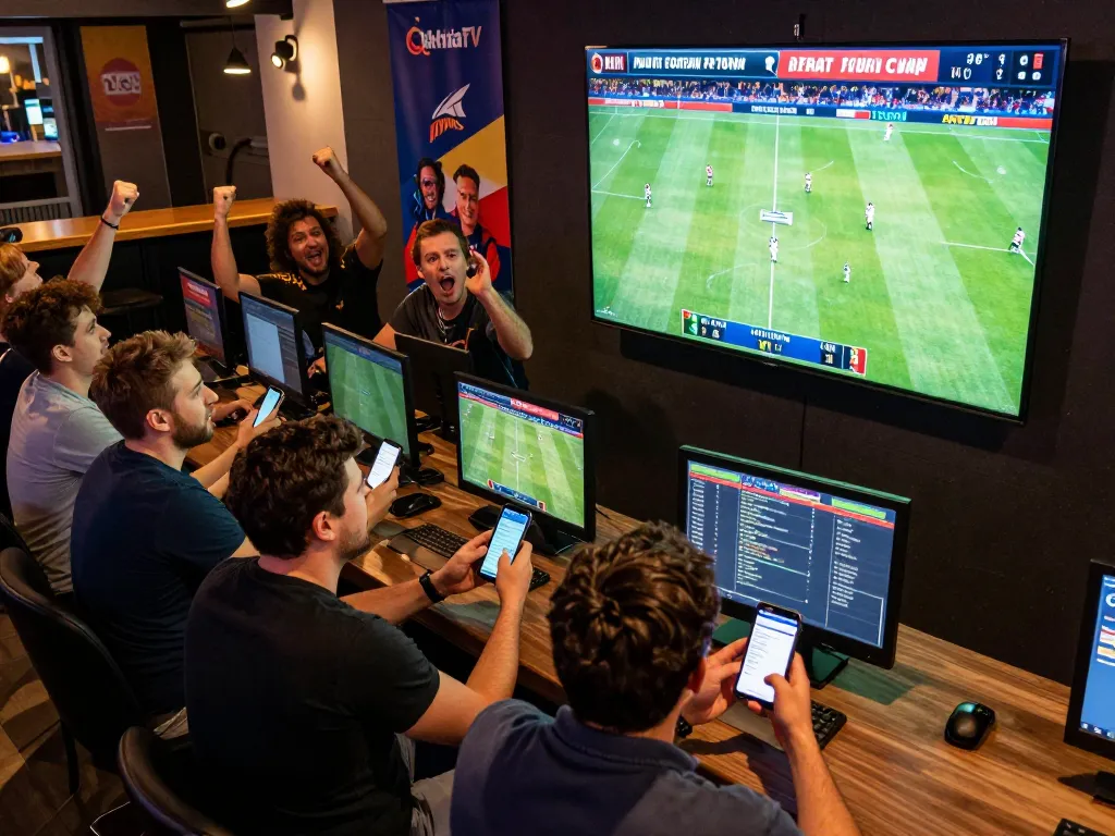 CakhiaTV sports betting scene with fans excitedly engaging on mobile apps to place bets.