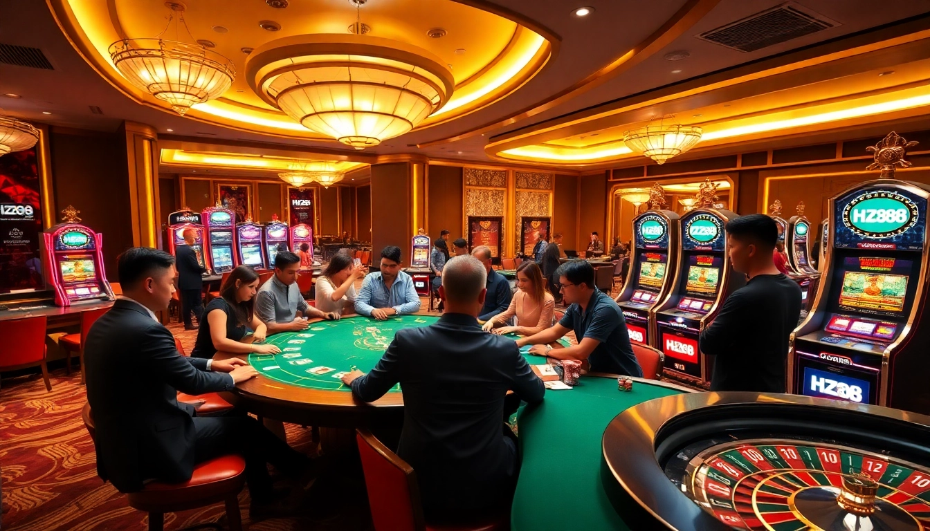 Experience excitement at HZ88 casino with players engaging in baccarat and vibrant games.