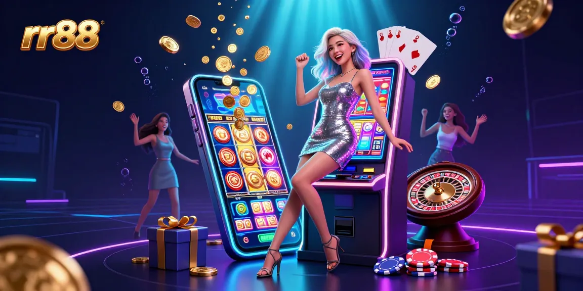 Spin to win at rr88, featuring a glamorous woman celebrating a jackpot with golden coins falling.