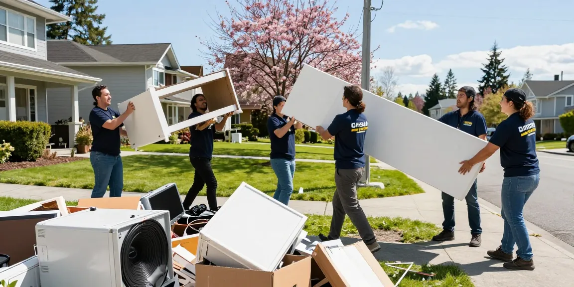 Professional team offering target Junk Removal Vancouver services, efficiently lifting furniture in a residential setting