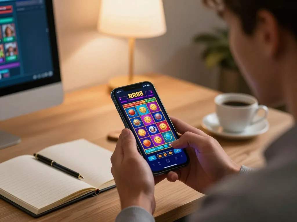 Player enjoying slot games on the RR88 mobile app in a cozy home office.