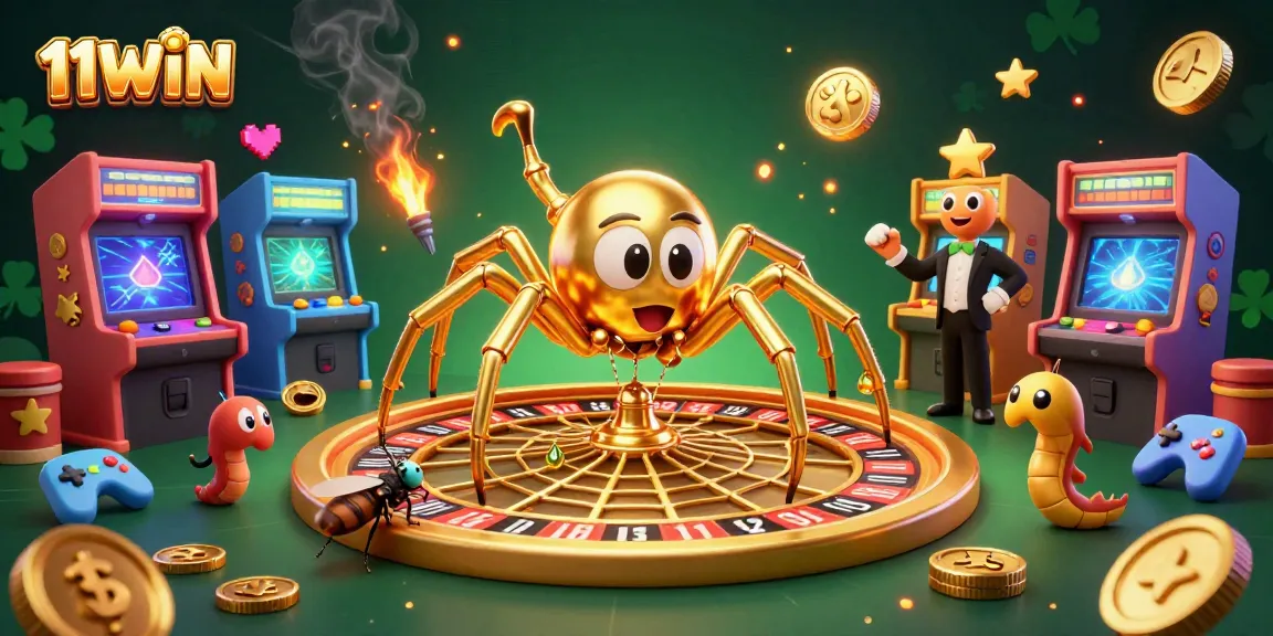 Bets are placed at 11WIN while a golden spider spins a roulette-style web in a vibrant casino scene.