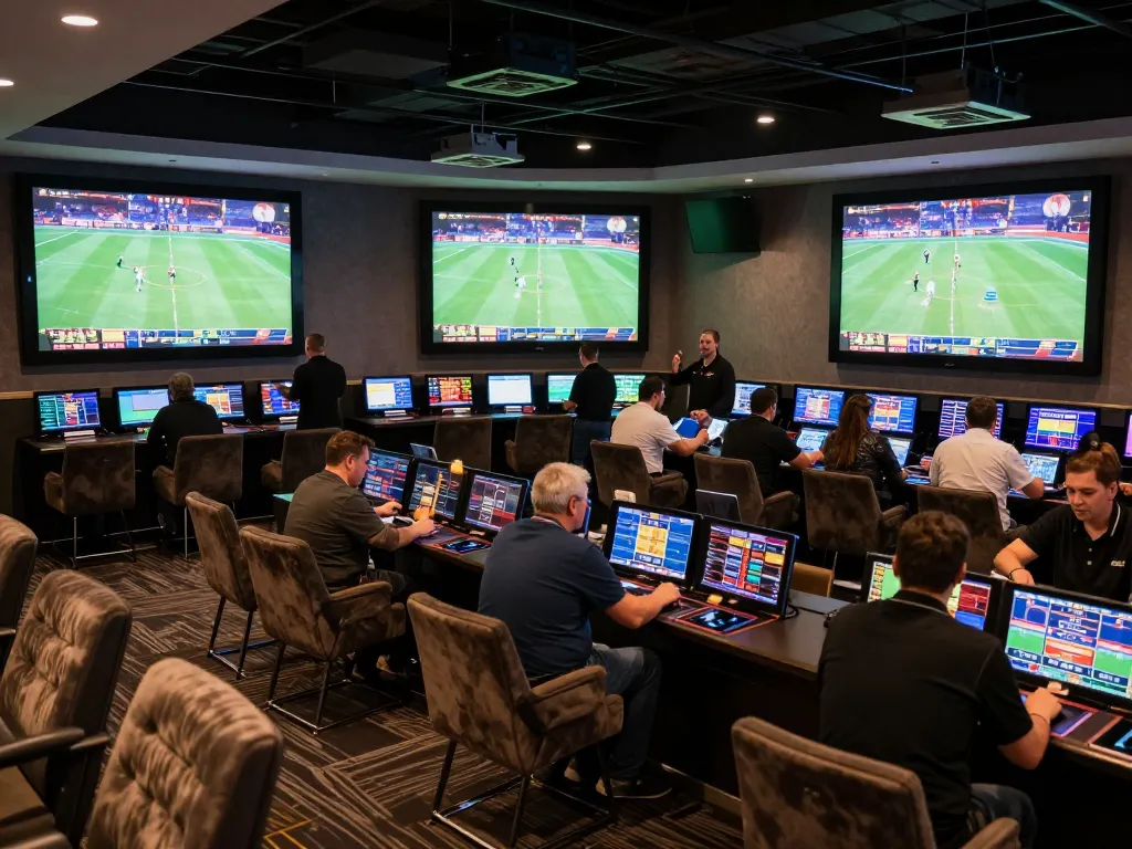View of enthusiasts celebrating at alo8net sports betting lounge, showcasing live sports screens and vibrant atmosphere