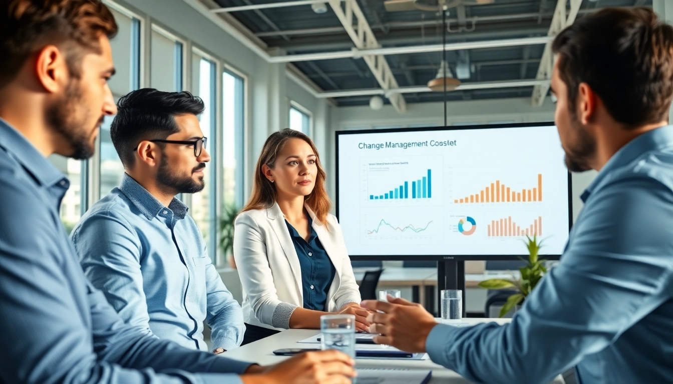 Consultants in a modern office discussing change management consulting strategies.