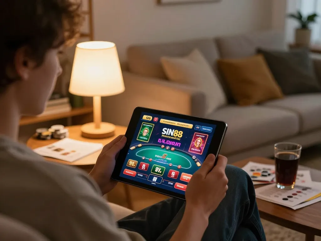 Player enjoying online casino games at home on SIN88 tablet, surrounded by strategy notes