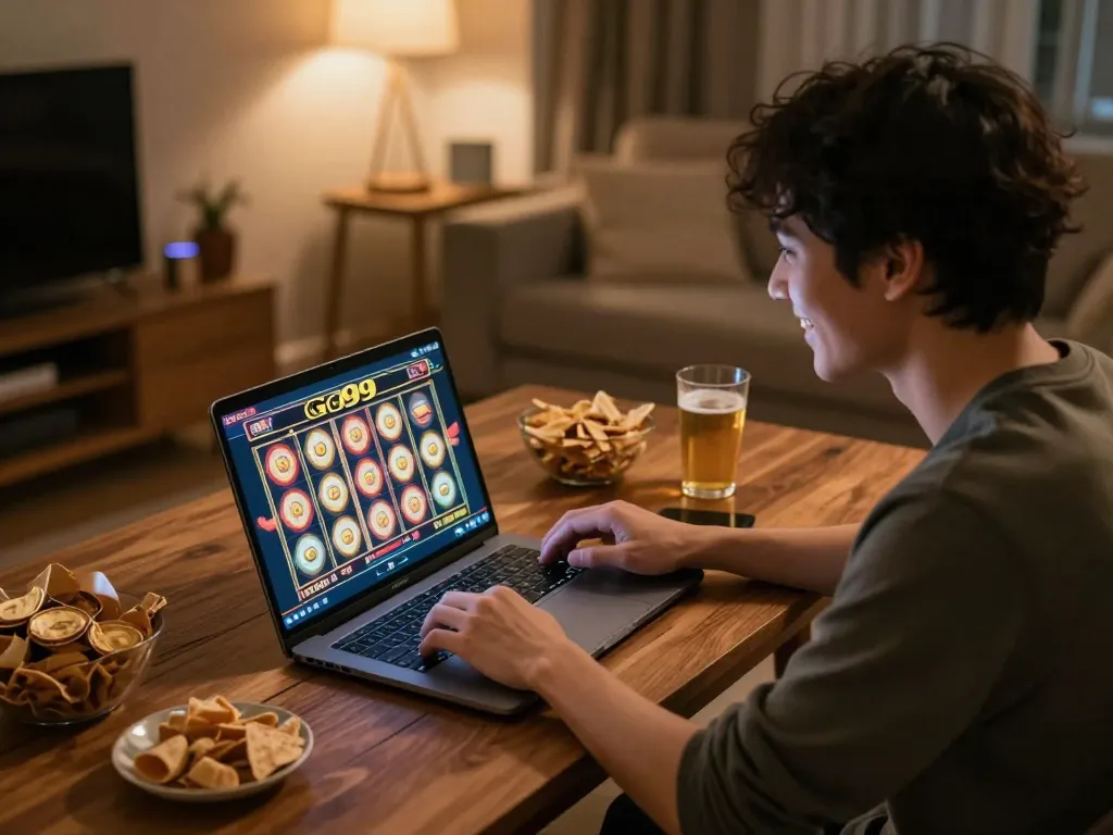 Engaging with Go99 slots in a cozy home gaming setup while enjoying snacks.