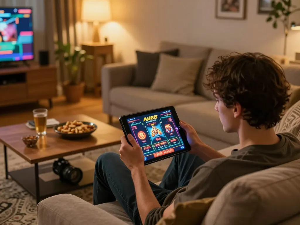 Player engaging with the AU88 online casino app on a tablet, enjoying a comfortable home gaming setup.