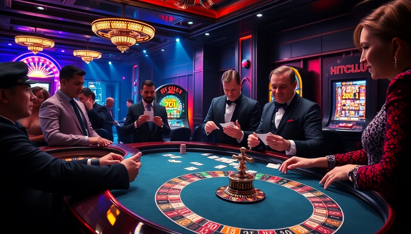 Experience the excitement of Game HITCLUB at a luxurious poker table in a vibrant casino setting.