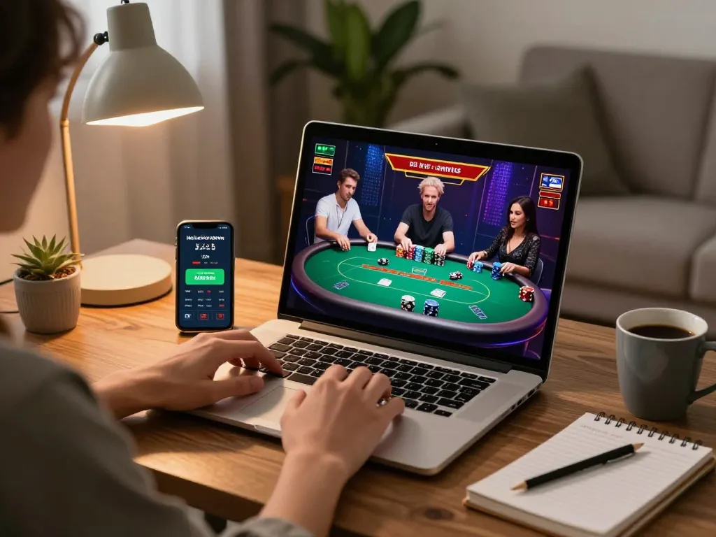 rik88 player enjoying a thrilling online poker game on a laptop screen with betting strategies