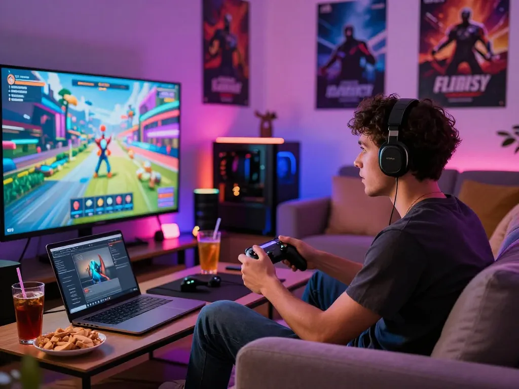 Engaged player enjoying 789club online gaming experience in a vibrant living room.