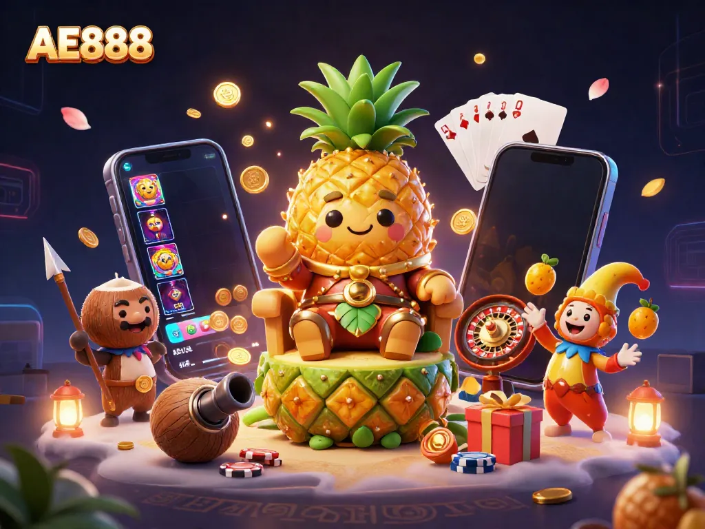 Experience the thrill of AE888 with the golden pineapple king in a vibrant casino scene.