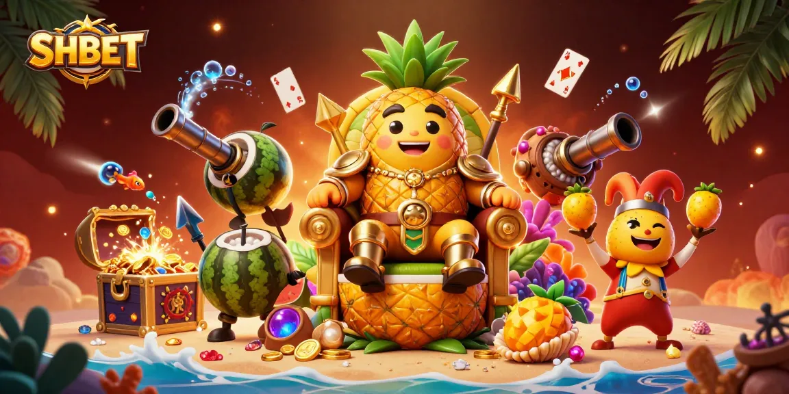 Engage with SHBET's thrilling beach casino scene featuring a golden pineapple king surrounded by dynamic gaming elements.
