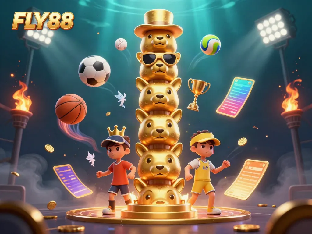 FLY88 offers dynamic betting action with a golden totem pole and sports elements in a vibrant casino scene.