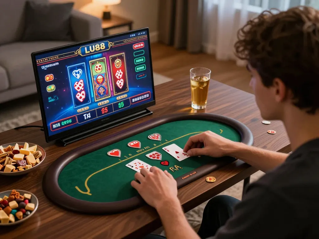Playing a LU88 game on a laptop in a cozy home setting with snacks and drinks visible.