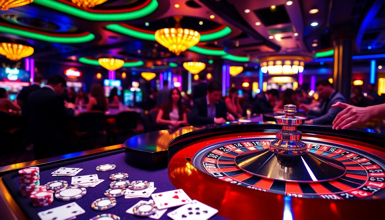 A dynamic casino scene at https://giaimagiacmo.online/ showcasing an illuminated roulette table with players placing bets.
