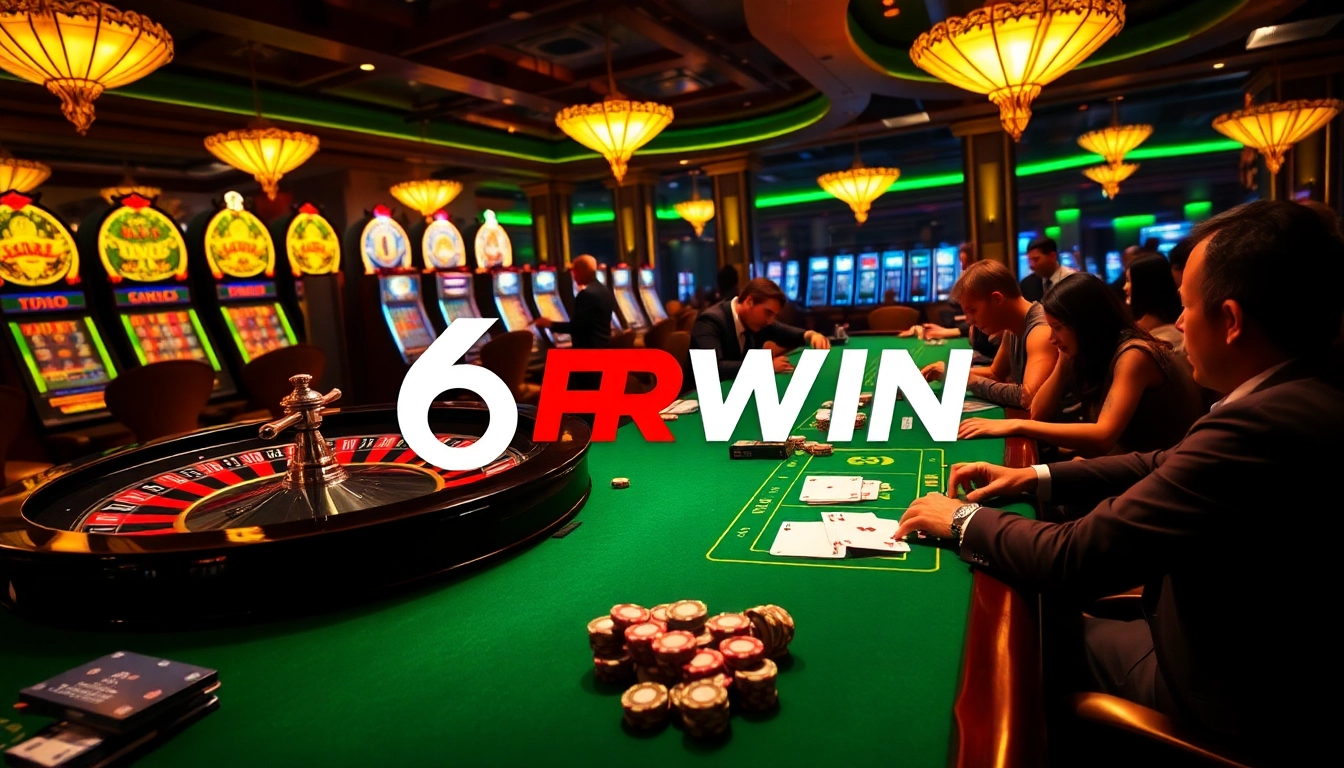 Experience high-stakes excitement at 6RWIN's glamorous casino scene with roulette and poker tables.