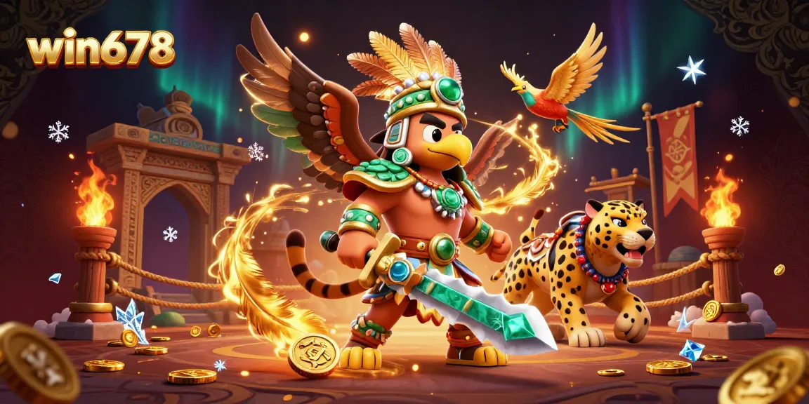 Experience thrilling moments at win678 with an Aztec warrior in a dynamic casino gaming scene.