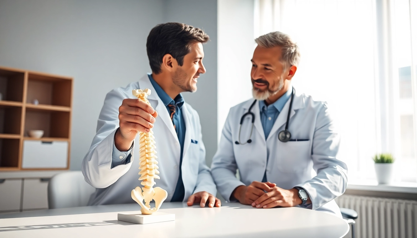 Understanding back pain causes through a doctor-patient consultation with a spine model.