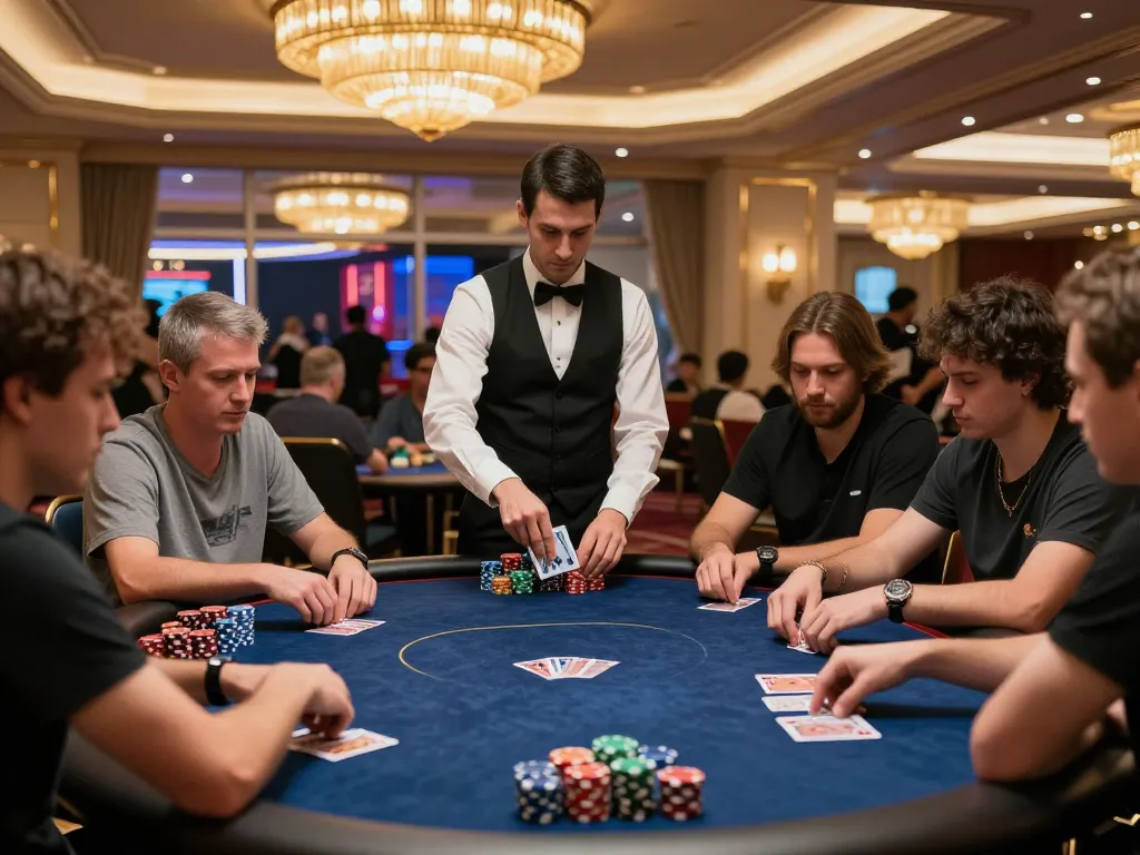 Engaging players strategizing at a manclub poker table, dynamic casino atmosphere full of excitement