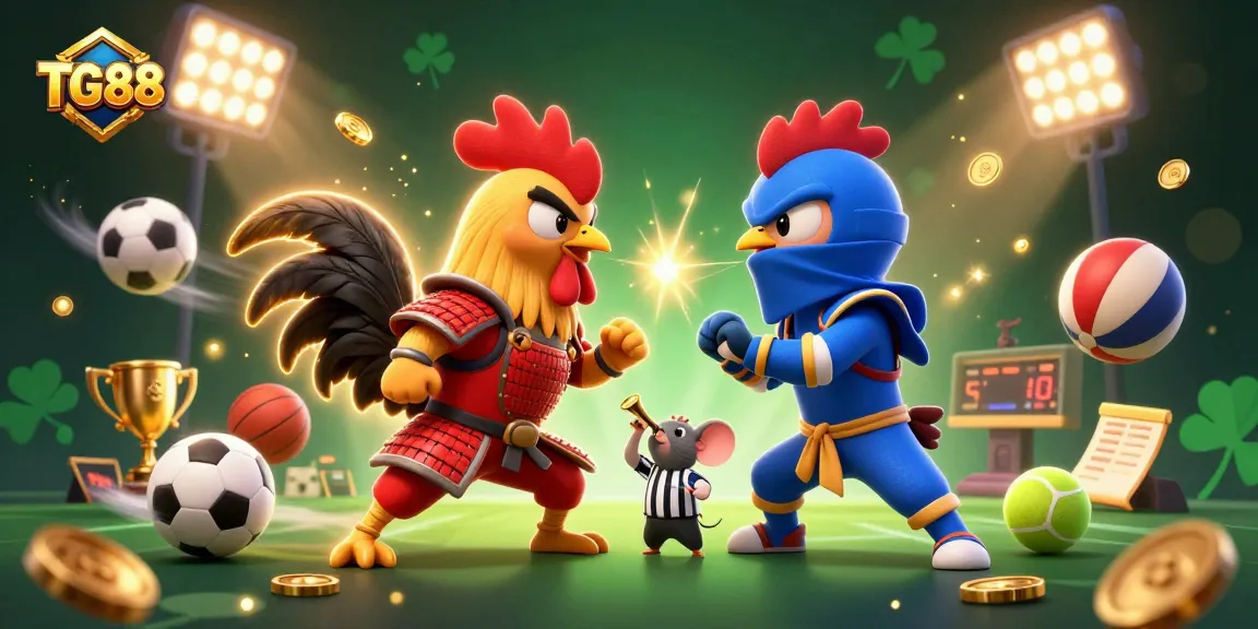 Engage in thrilling gambling action with TG88 as roosters face off amidst vibrant casino elements.