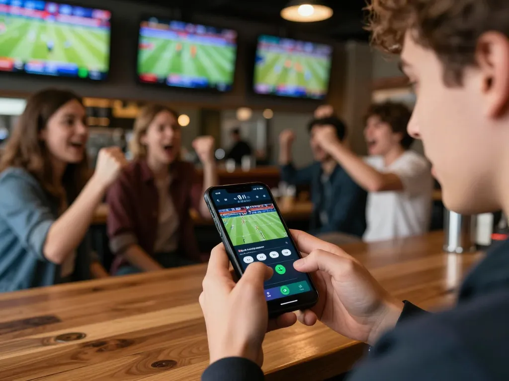 Bet on sports with kkeonhacai using a mobile app while enjoying a lively bar atmosphere