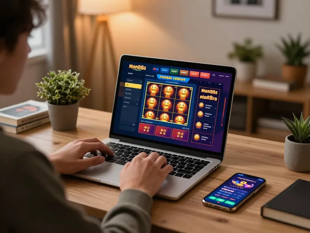 Engaging gameplay on man88a online casino with laptop and smartphone for a cozy gaming experience