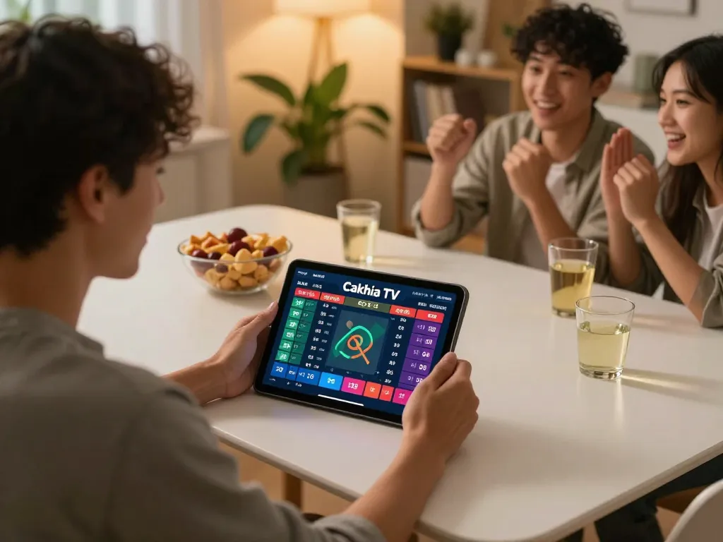 Cakhia TV user engaging in live sports betting on tablet with friends at home.