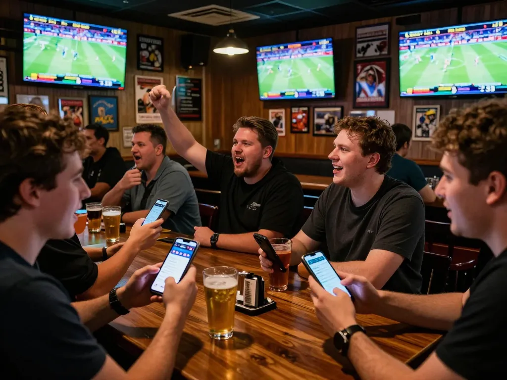 Tỷ lệ kèo nhà cái 5 in action as bettors analyze odds on smartphones in an exciting sports bar atmosphere.