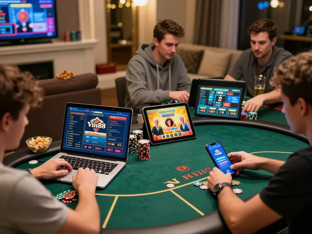 Engaged players strategizing on Website Vin88's online casino amidst vibrant home decor.