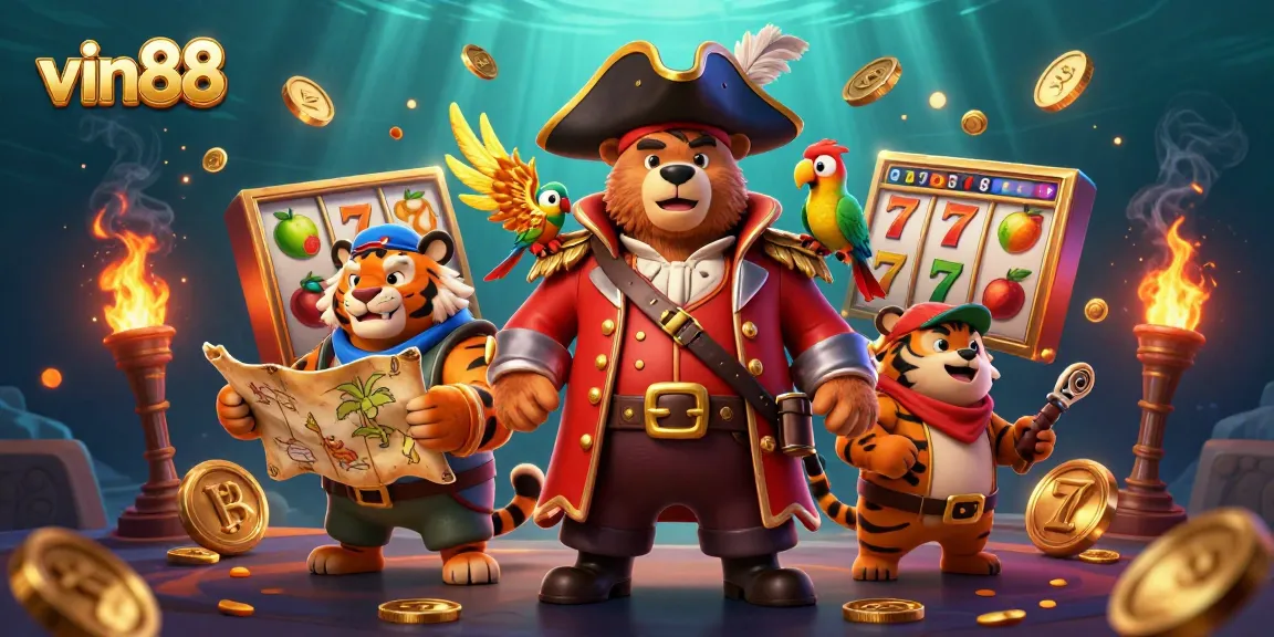 Experience thrill with vin88 as a pirate bear, tiger, and parrot celebrate big winnings in a vibrant casino.