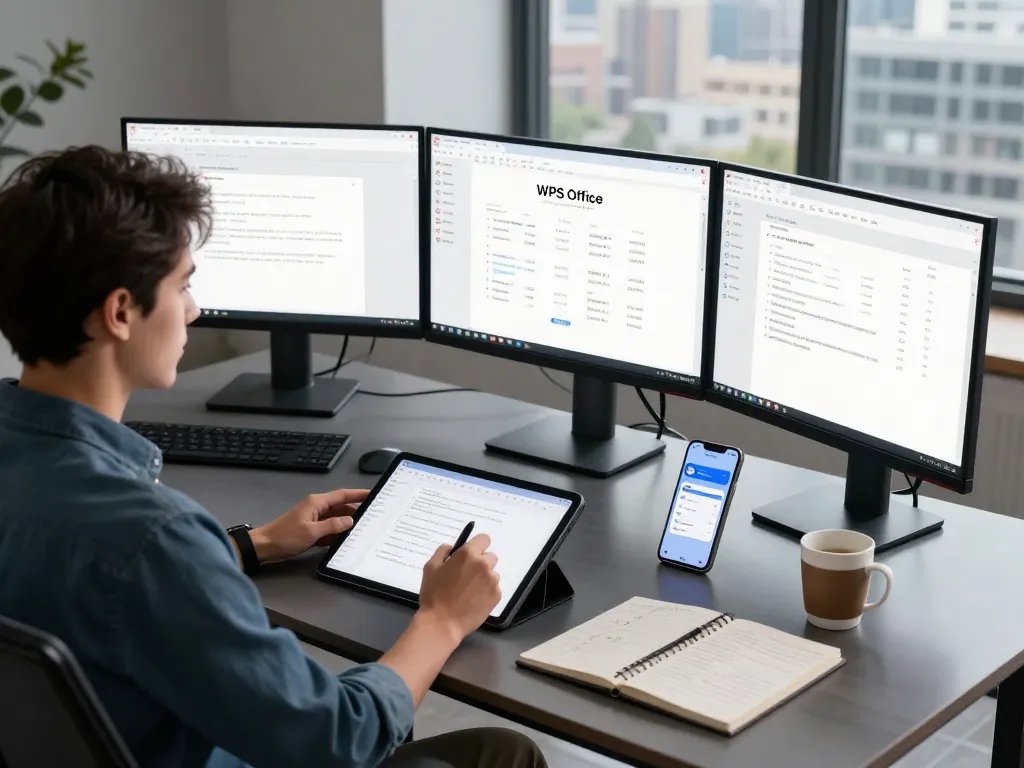 WPS 下载 in a modern workspace, featuring a user editing documents on multiple monitors and a tablet.