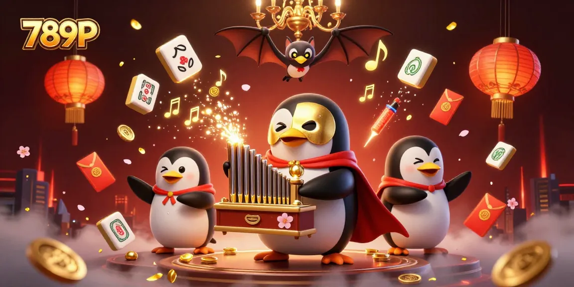 Play exciting casino games with 789P, as a penguin organist delivers golden coins amid a lively atmosphere.