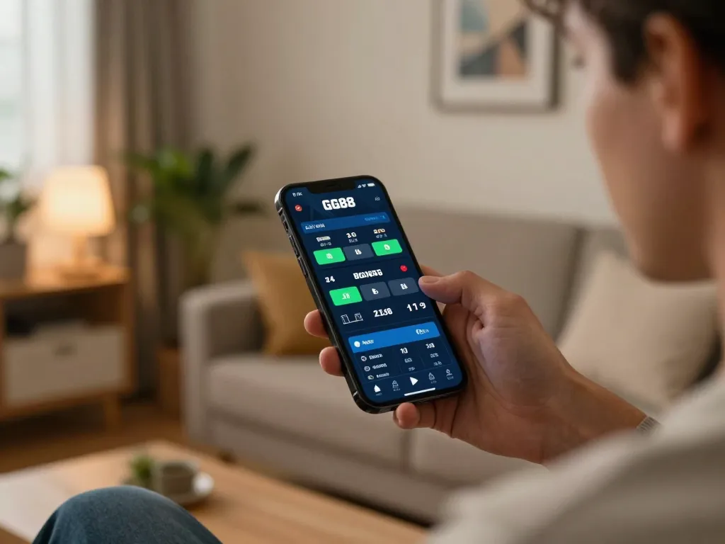 Player using the GG88 app for exciting online betting in a cozy home environment.