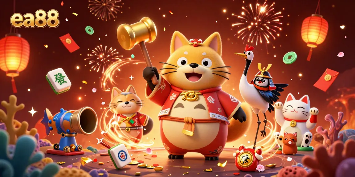 ea88 promotes exciting fishing games with a cheerful tanuki and vibrant casino elements in a lush aquatic scene.