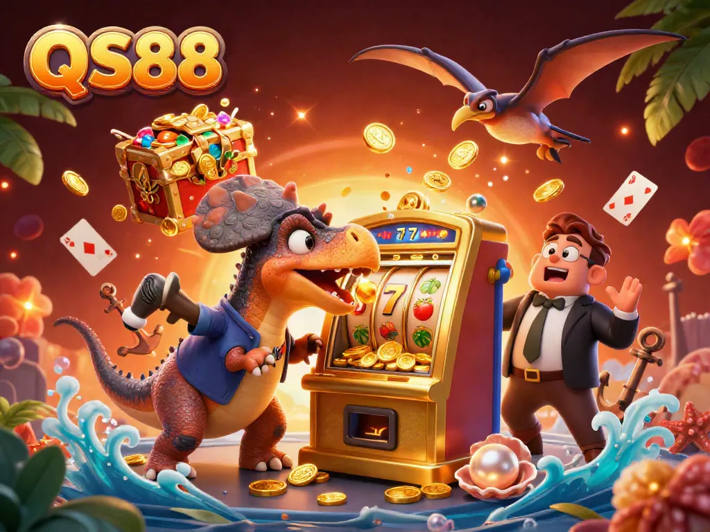 QS88 casino scene depicting a pachycephalosaurus winning coins from a slot machine amidst flying cards.