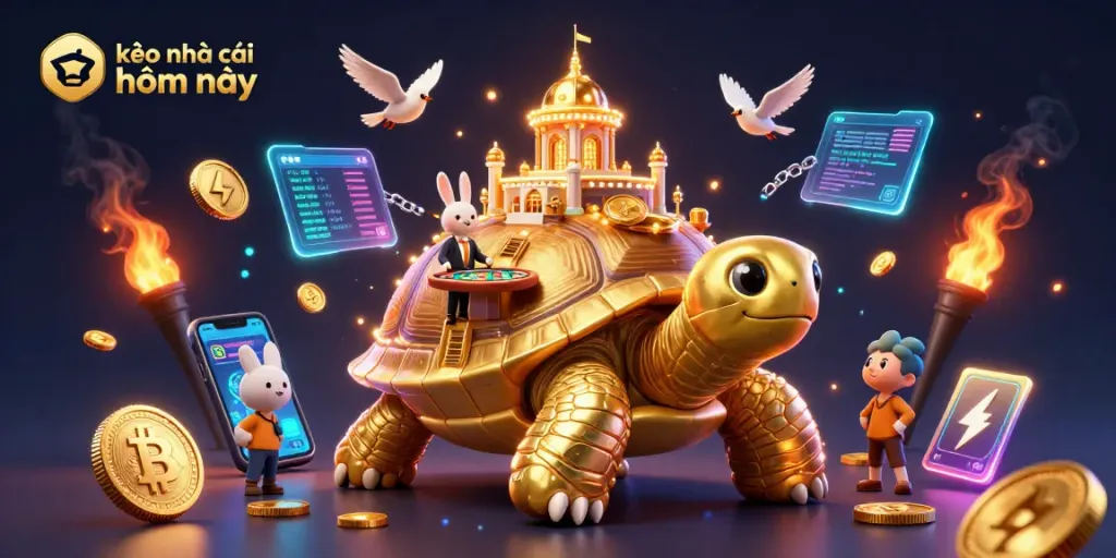 Engage with kèo nhà cái hôm nay strategies using a vibrant 3D illustration featuring a golden tortoise casino.