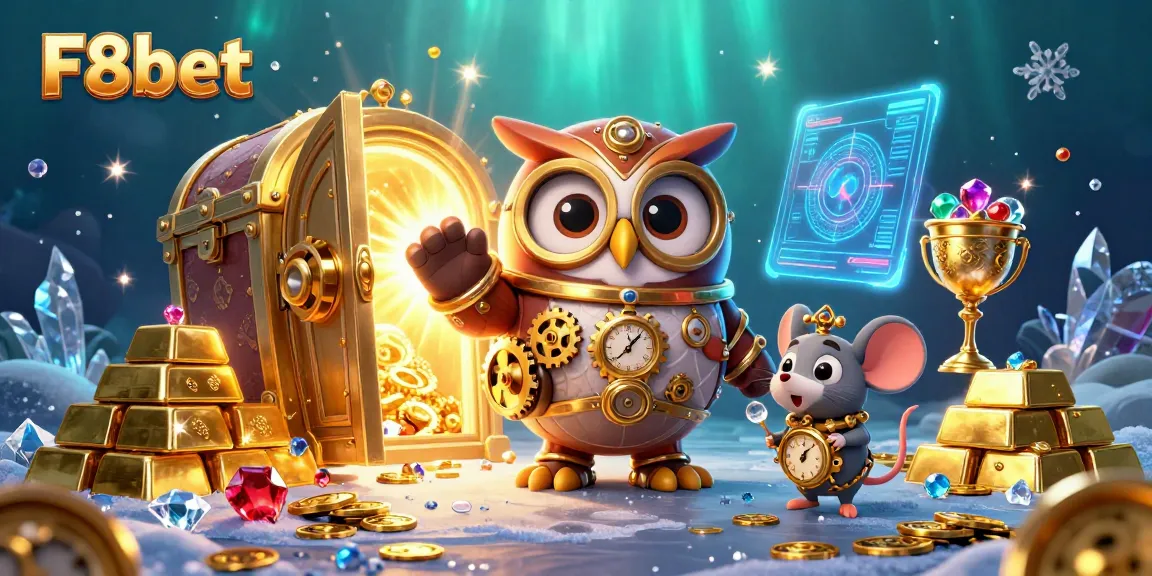 Experience thrilling wins at F8bet with a vibrant casino scene featuring steampunk characters and glowing treasures.