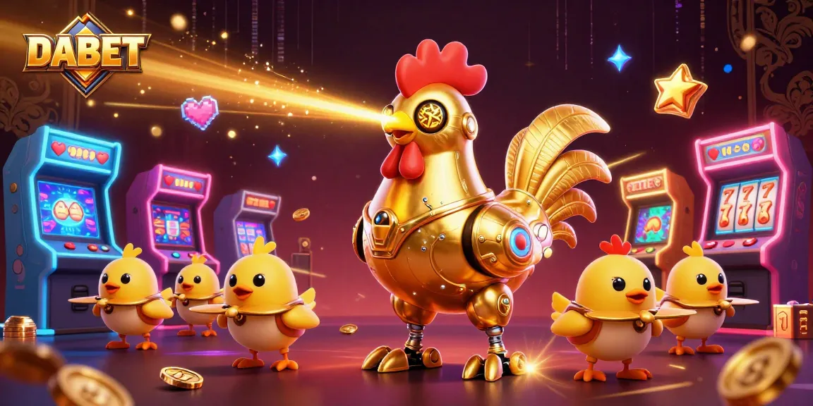 DABET offers thrilling casino action with a golden rooster robot and arcade machines.