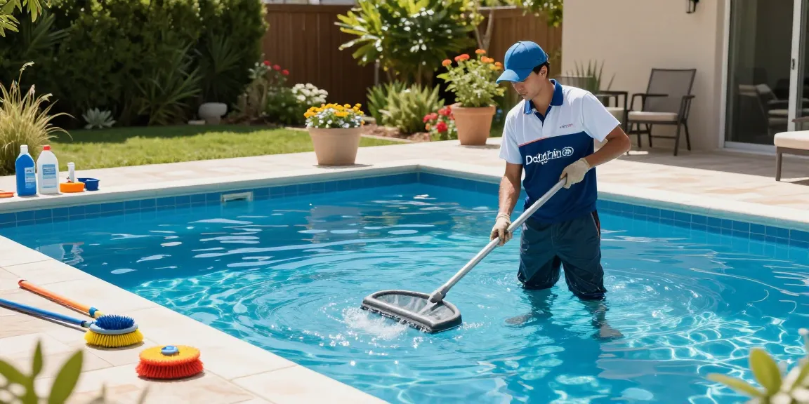 Dolphin Pool Services technician performing pool maintenance with cleaning tools in a sunny backyard.