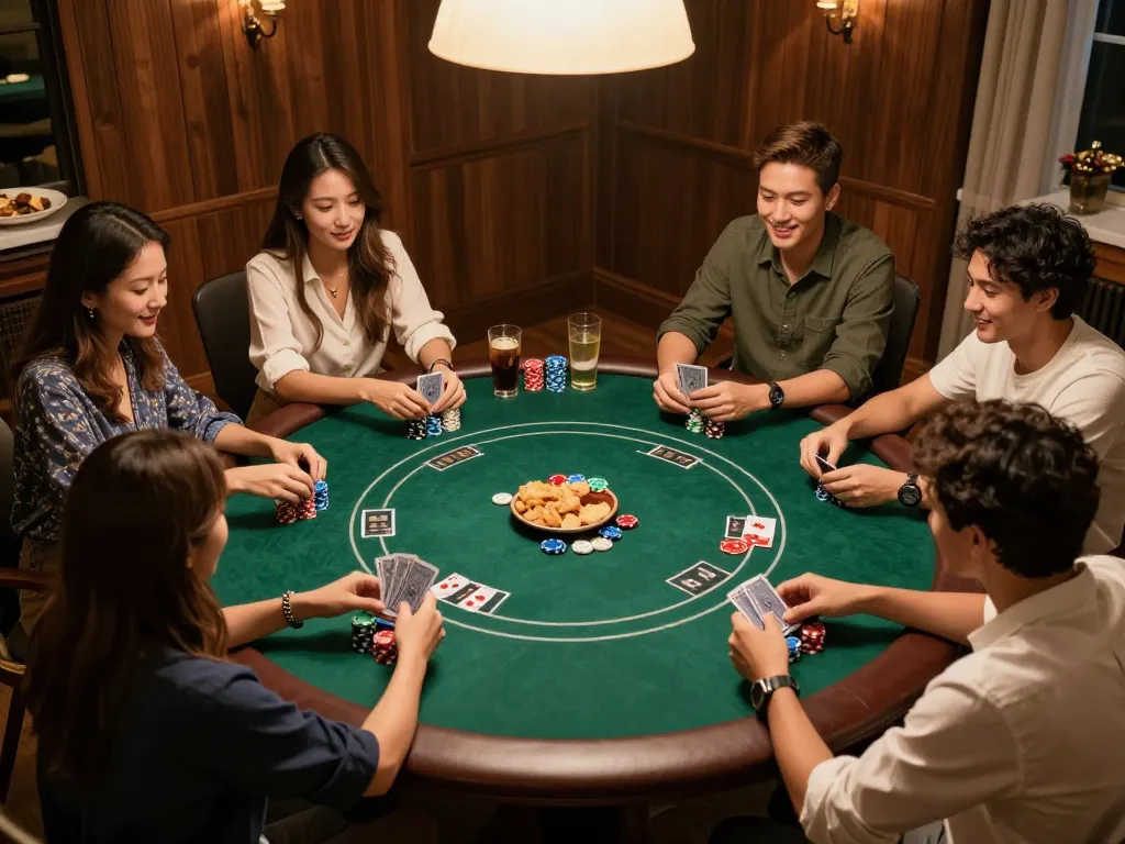 Link truy cập Vivu88 at a lively home poker night with friends enjoying their game.