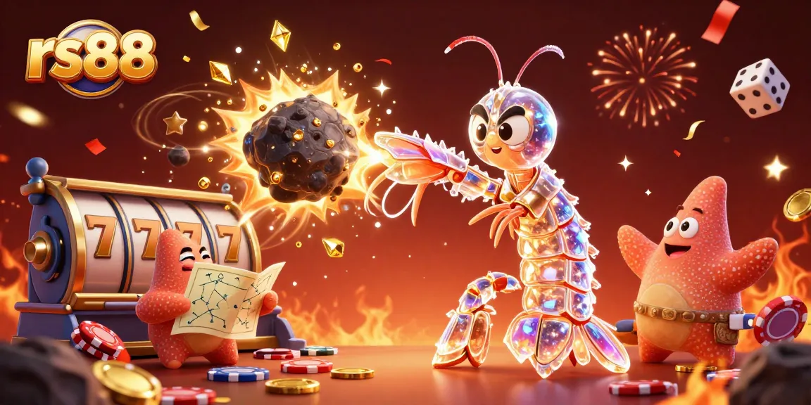 Experience the thrill of rs88 with a dynamic illustration of a galactic mantis shrimp and game elements exploding with excitement.