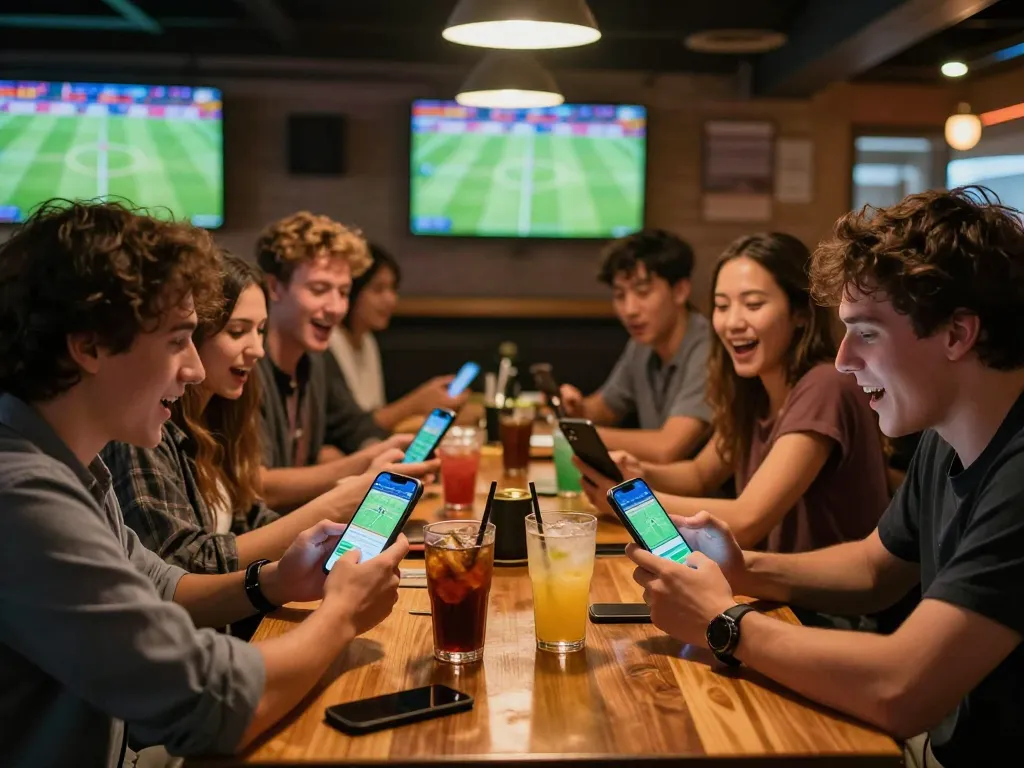 Friends betting on 7m soccer games using mobile apps in a lively sports bar setting.