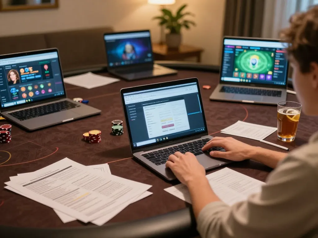Player engaging in strategic online poker game on laptop in cozy home environment with go8 gaming elements.