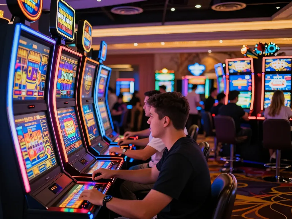 Engaged players enjoy vibrant slot machines at Sunwin casino, showcasing gaming excitement.