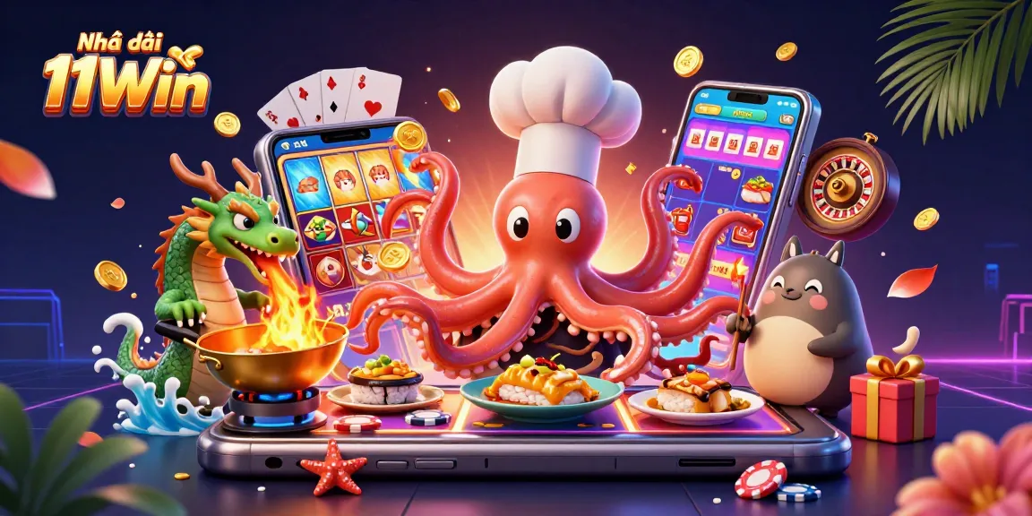 Engage with Nhà cái 11Win through this vibrant 3D casino scene featuring unique characters and dynamic elements.