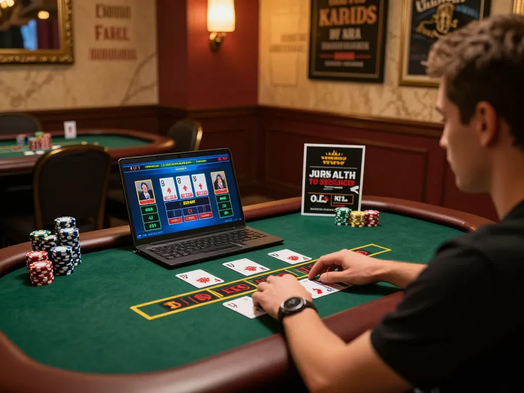 sunwin player engaging in online blackjack with impressive cards and chips in cozy atmosphere