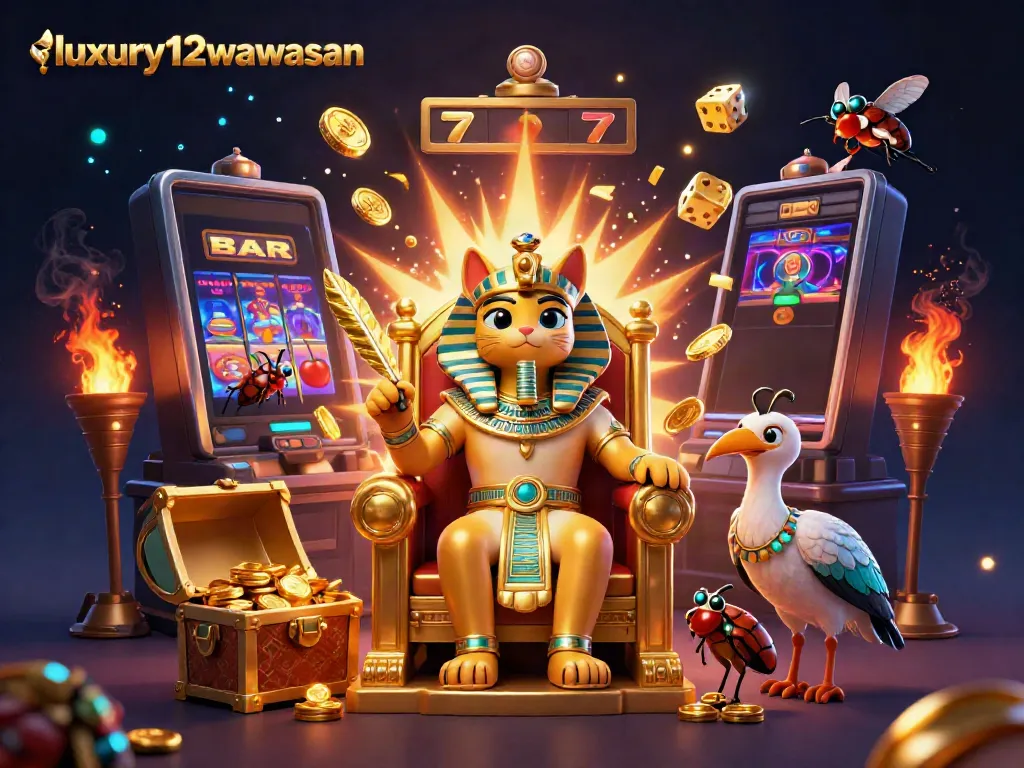 Engage with thrilling casino fun at luxury12wawasan featuring a vibrant jackpot scene, slot symbols, and dynamic characters.