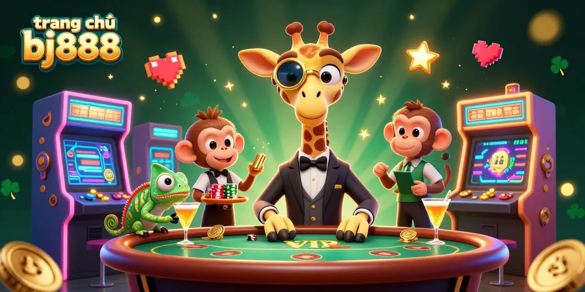 Experience the thrill on trang chủ bj888 with a lively game scene featuring animated characters and casino elements.