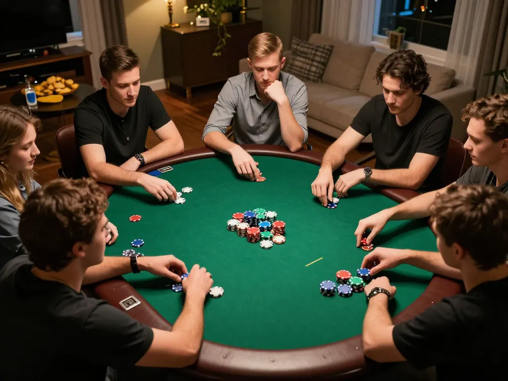 Go89 players enjoying an engaging poker game in a stylish home setting with vibrant chips and snacks.
